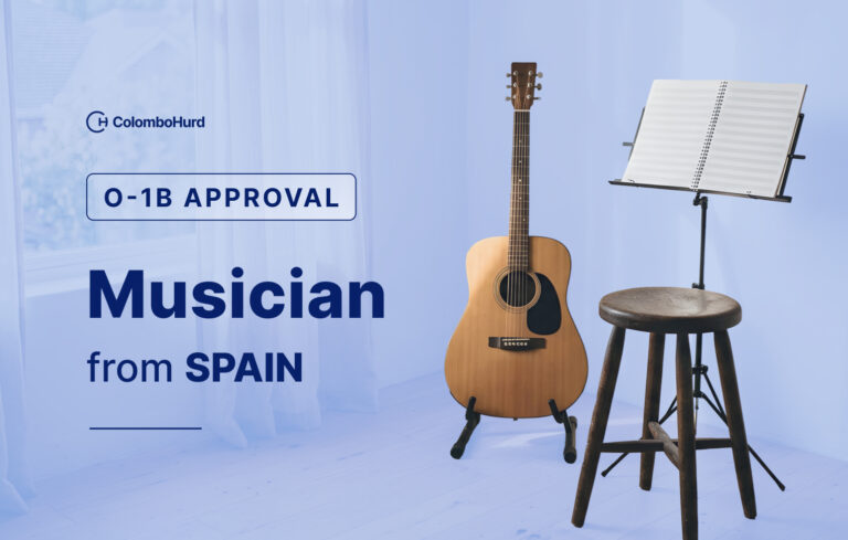O-1B visa approval for a musician from Spain, Colombo & Hurd case study banner with an acoustic guitar, stool, and music stand