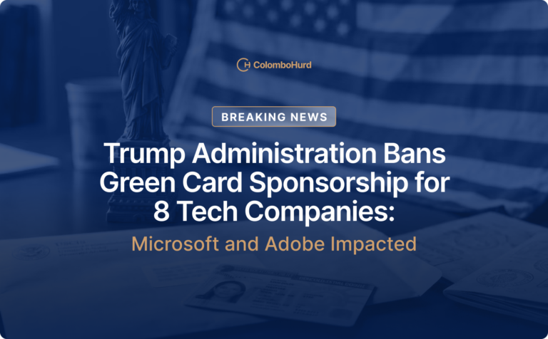 Breaking news banner: the U.S. Department of Labor suspends Microsoft, Adobe and six IT firms from the PERM green card program.
